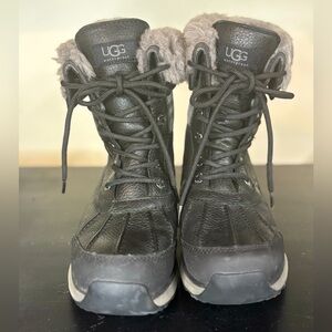 UGG Black Leather Adirondack Boots with Fur Trim